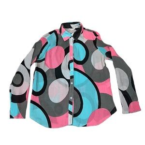 Vintage J & D Retro Circles Ribbed Long Sleeve Button-Up Top Size XL